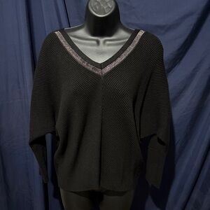 Jennifer Lopez Black V-Neck Sweater with Metallic Trim